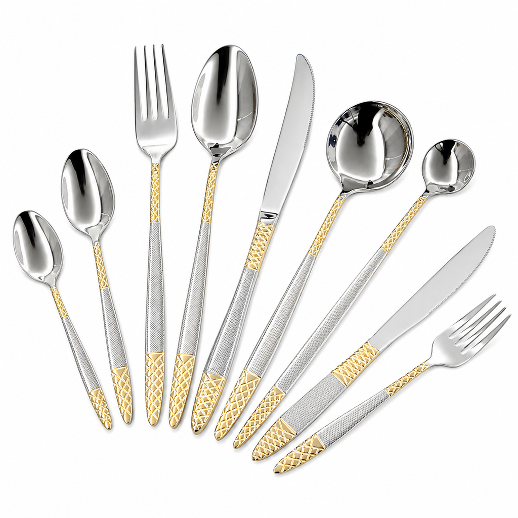 9-Piece Gold Accent Stainless Steel Cutlery Set Luxury Mirror Polished Flatware