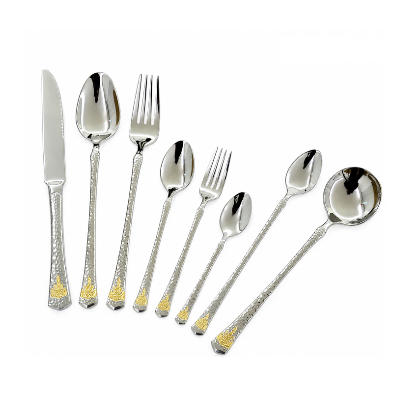 8-Piece Stainless Steel Cutlery Set with Gold Accent Hammered Handle Premium Flatware