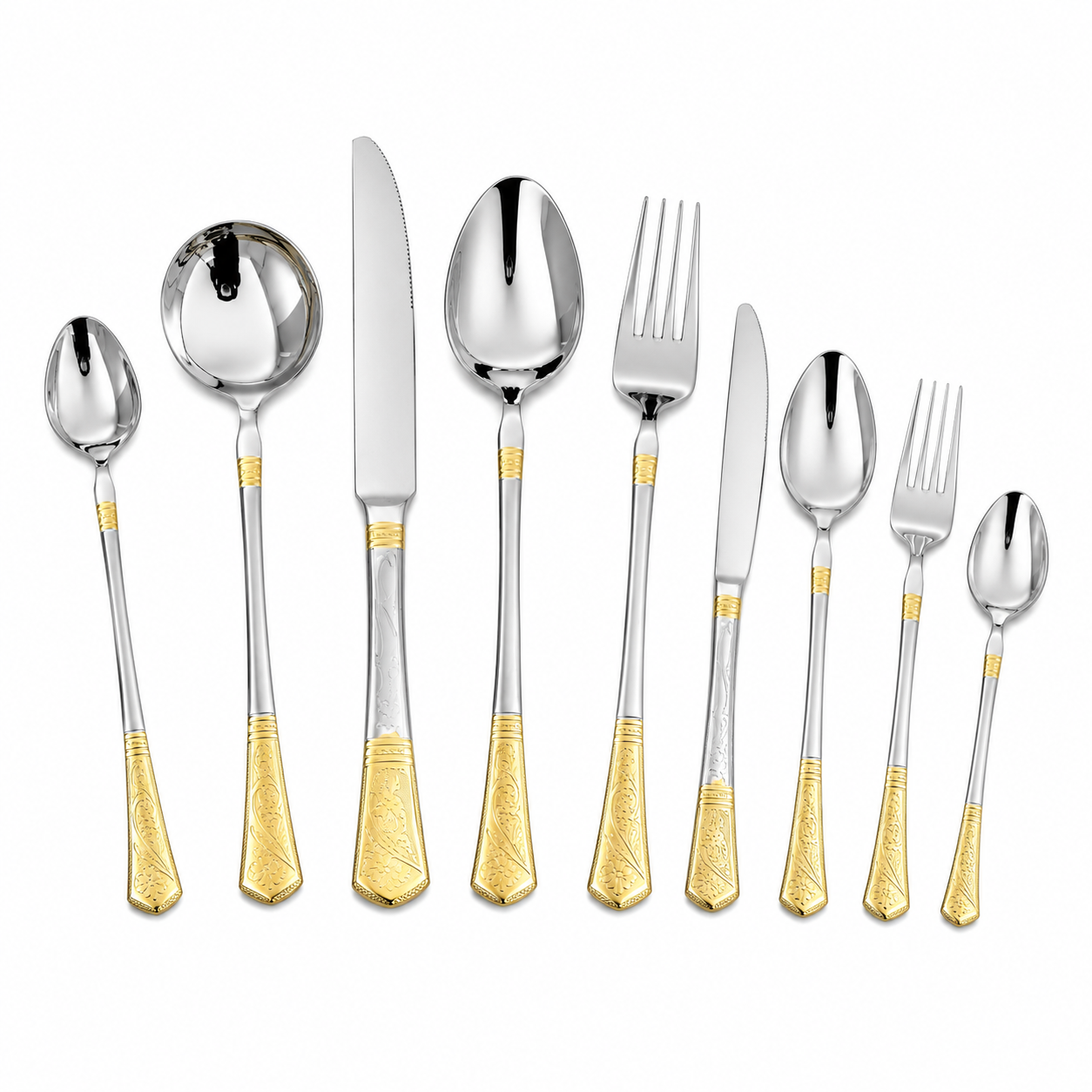 9-Piece Stainless Steel Cutlery Set with Gold Engraved Handle Elegant Flatware