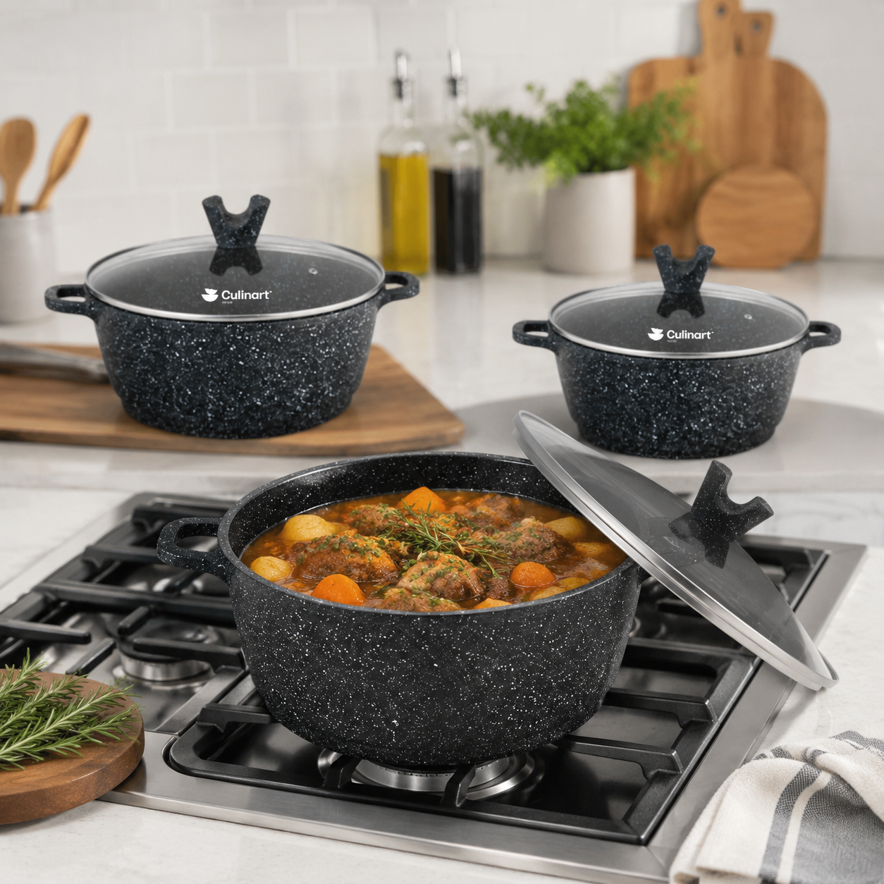Granite Non-Stick Casserole Set with Glass Lids