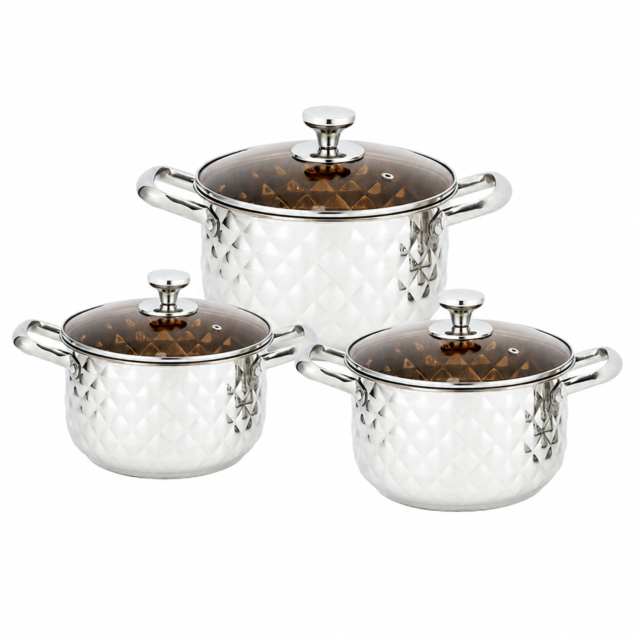 Batterie de cuisine en acier inoxydable motif diamant avec couvercles en verre