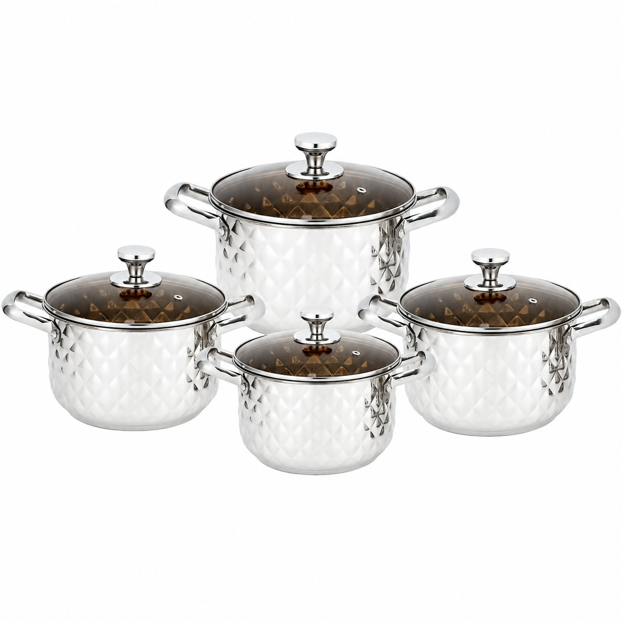Batterie de cuisine en acier inoxydable motif diamant avec couvercles en verre