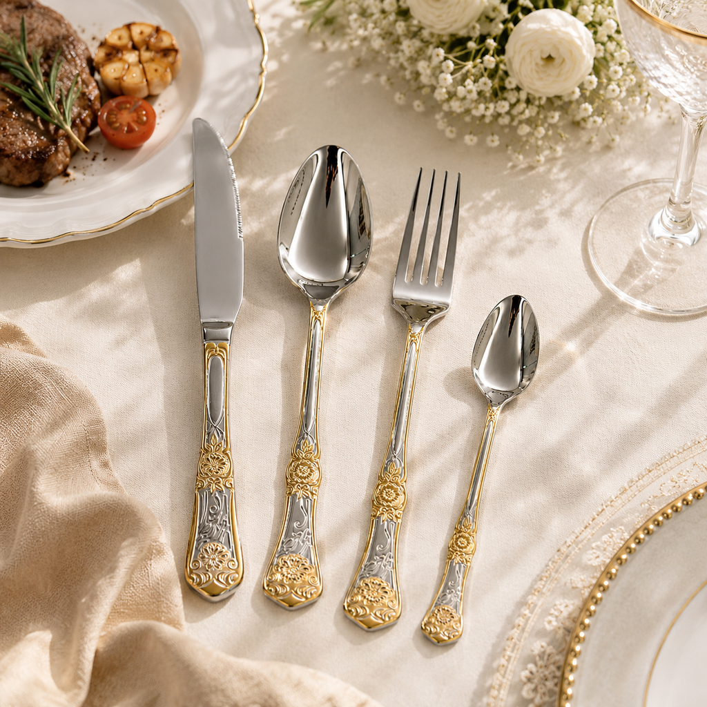 4-Piece Stainless Steel Cutlery Set with Gold Floral Embossed Handle