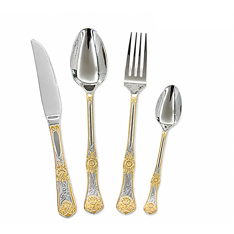 4-Piece Stainless Steel Cutlery Set with Gold Floral Embossed Handle