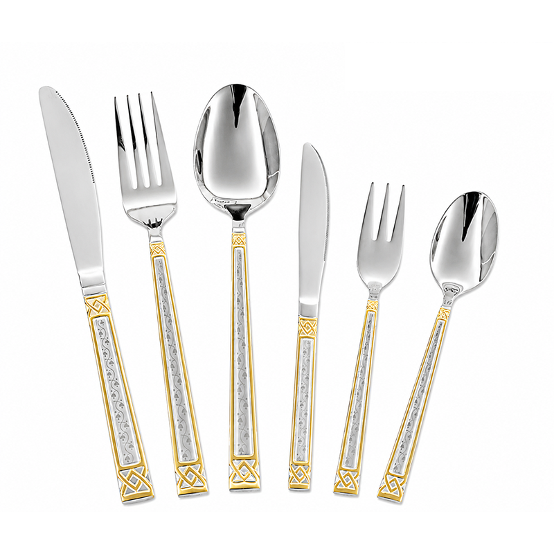 6-Piece Luxury Gold Trim Stainless Steel Cutlery Set with Geometric Handle Design