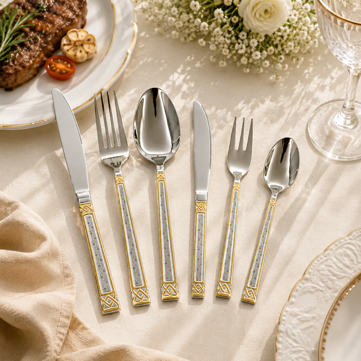 6-Piece Luxury Gold Trim Stainless Steel Cutlery Set with Geometric Handle Design