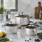 Batterie de cuisine en acier inoxydable motif diamant avec couvercles en verre