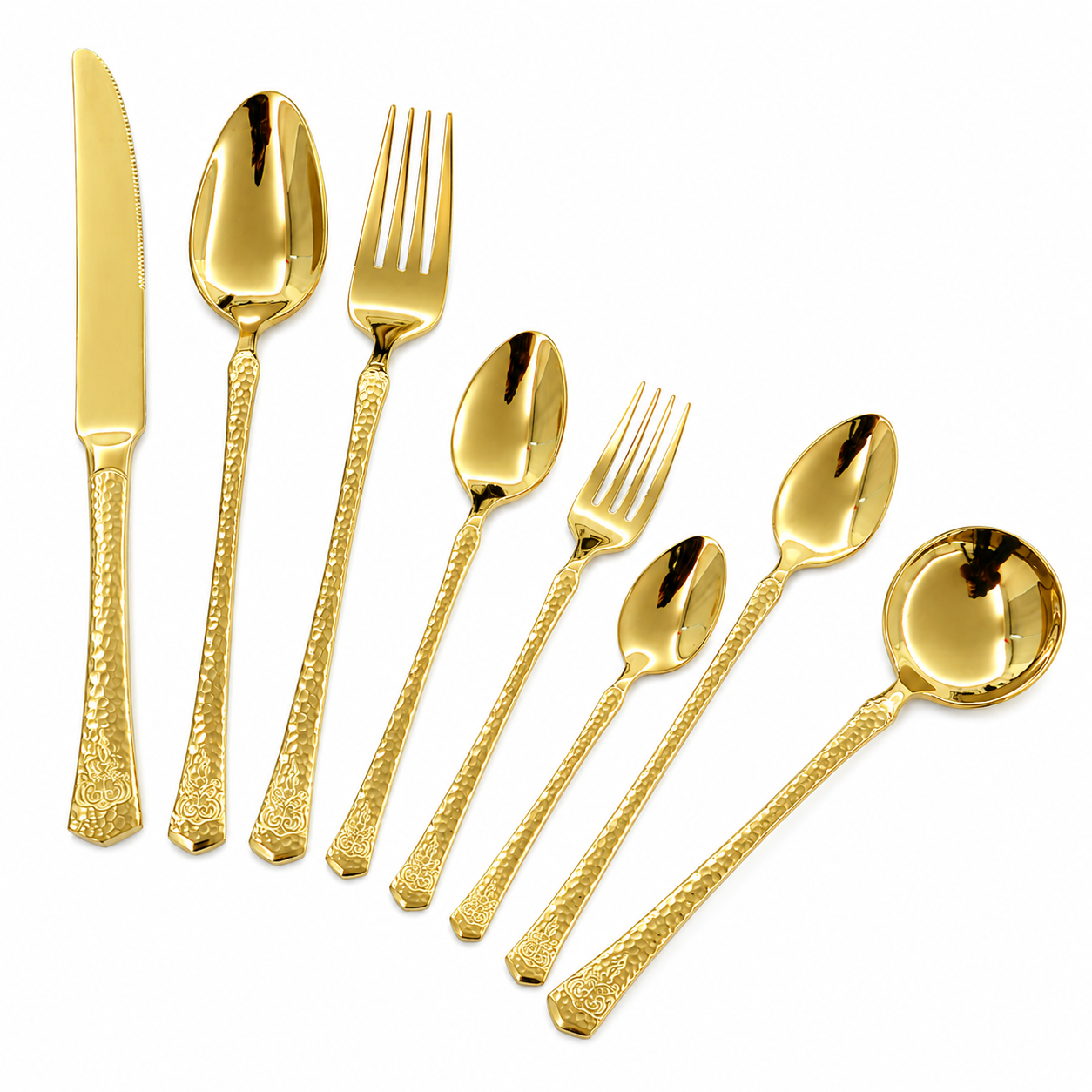 8-Piece Stainless Steel Cutlery Set with Gold Accent Hammered Handle Premium Flatware