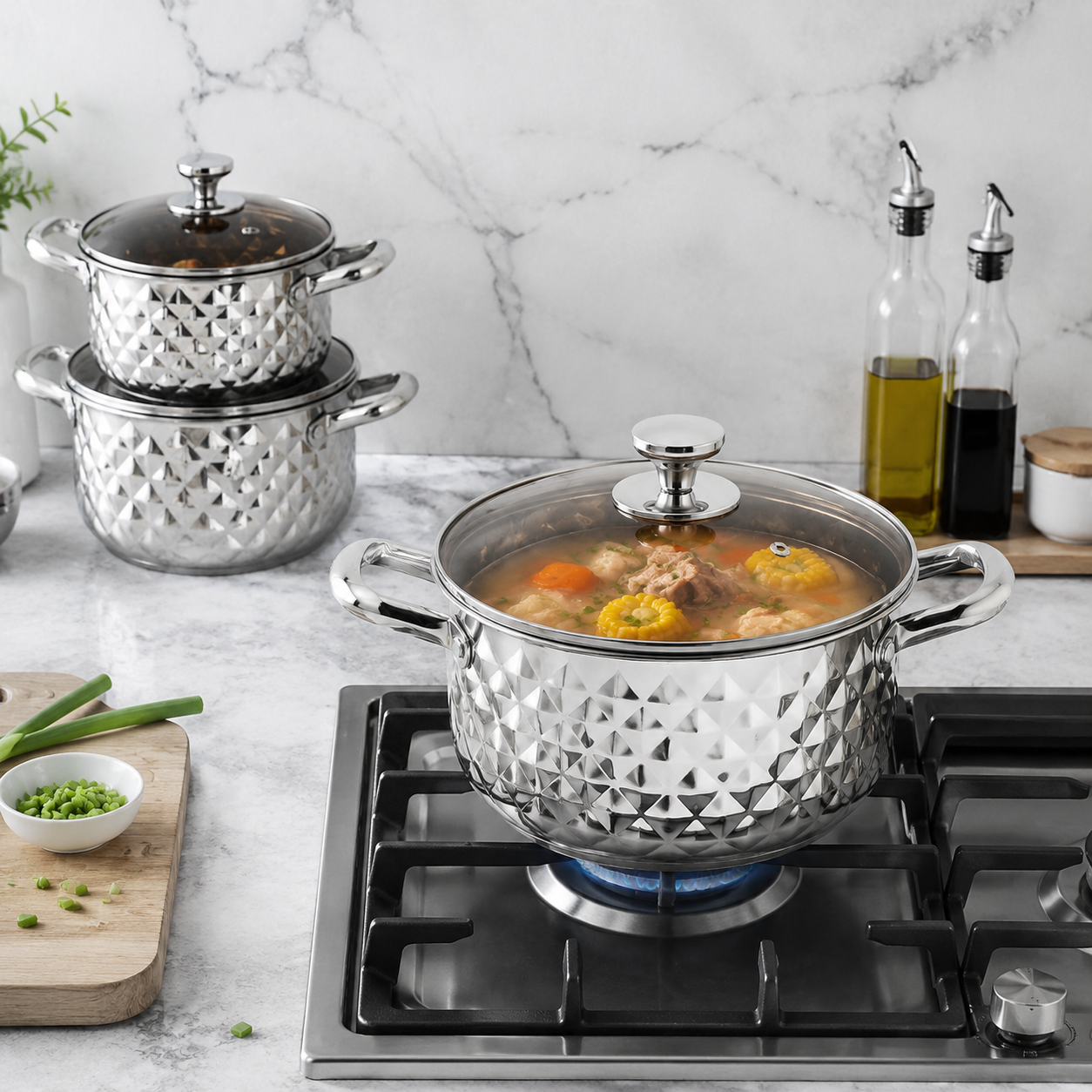 Batterie de cuisine en acier inoxydable motif diamant avec couvercles en verre