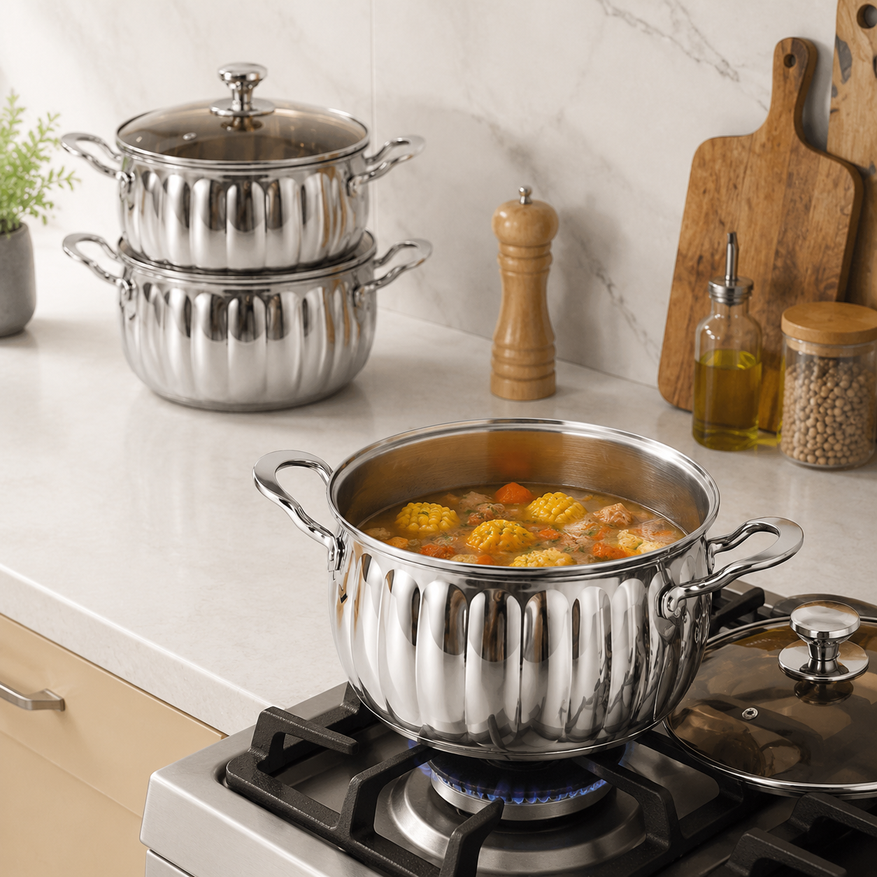 Batterie de cuisine 4 pièces en acier inoxydable avec motif nervuré élégant