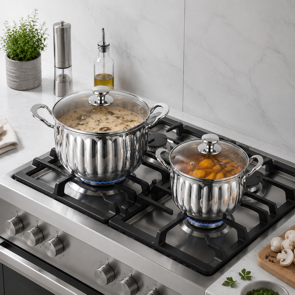 Juego de ollas de cocina de acero inoxidable de 4 piezas con elegante diseño acanalado