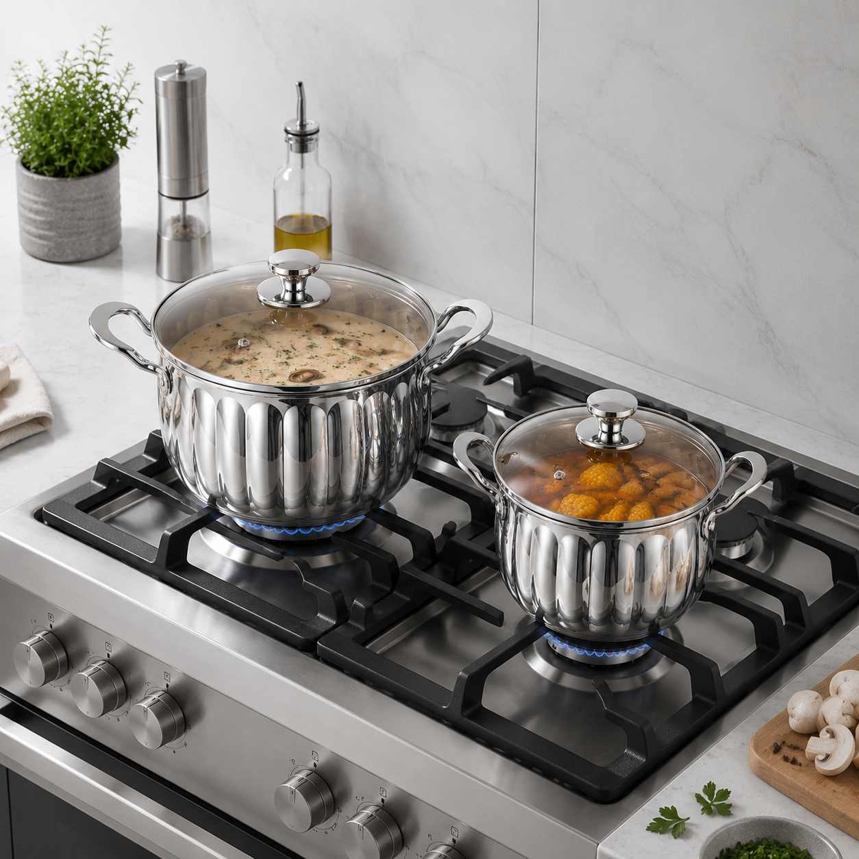 Batterie de cuisine 4 pièces en acier inoxydable avec motif nervuré élégant