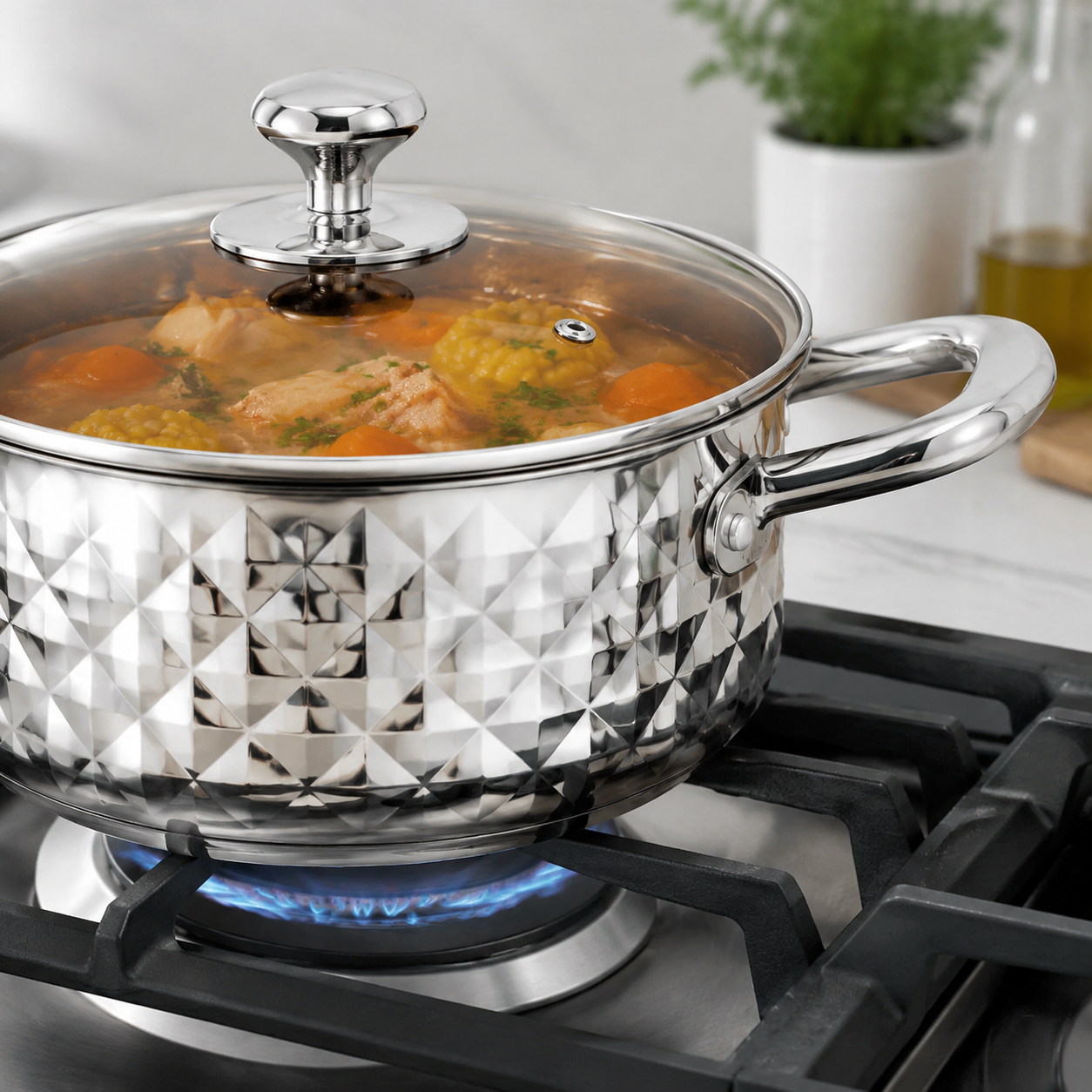 Batterie de cuisine en acier inoxydable motif diamant avec couvercles en verre