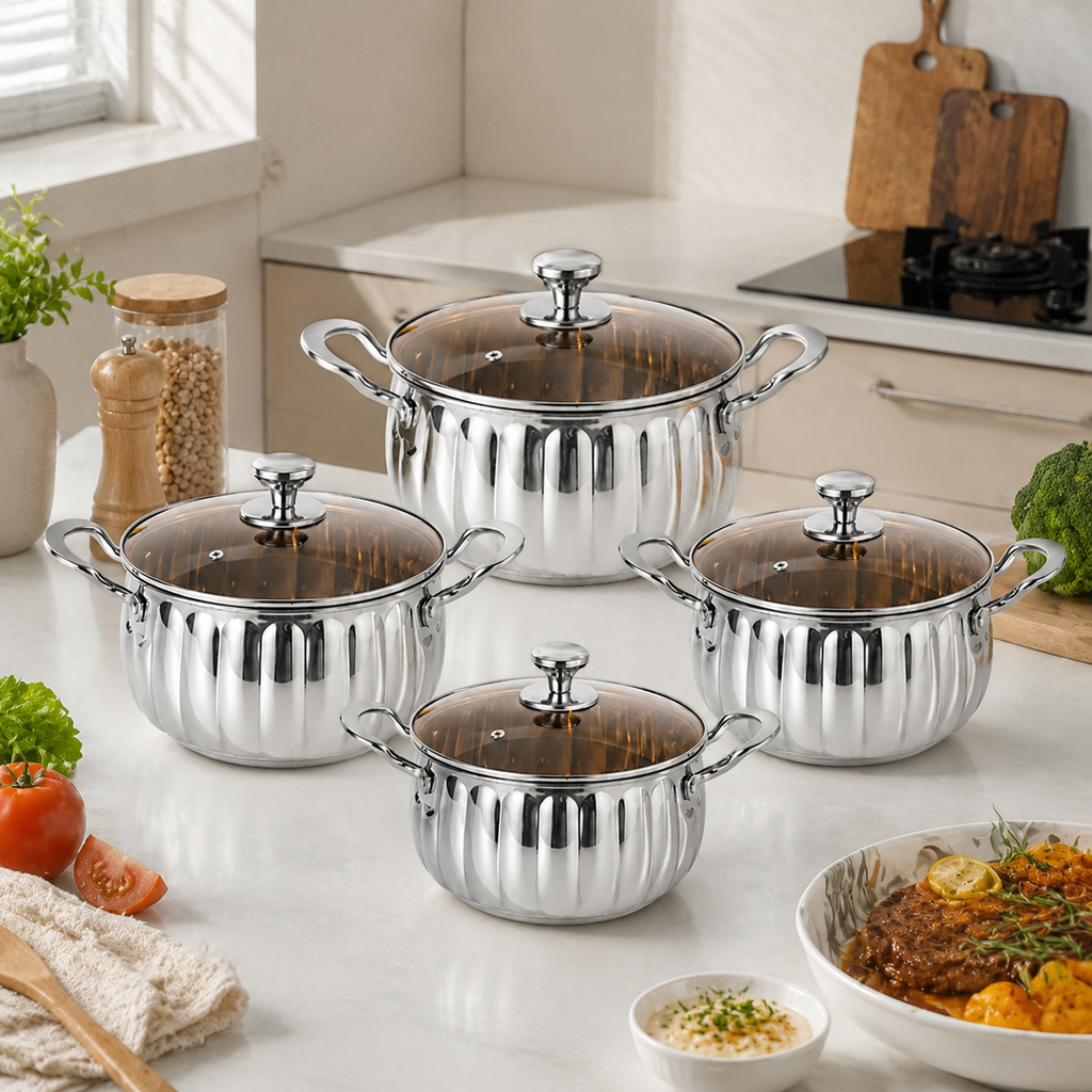 Juego de ollas de cocina de acero inoxidable de 4 piezas con elegante diseño acanalado