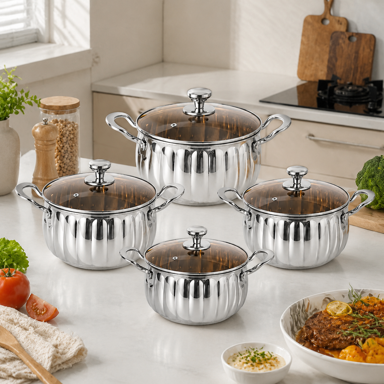 Batterie de cuisine 4 pièces en acier inoxydable avec motif nervuré élégant