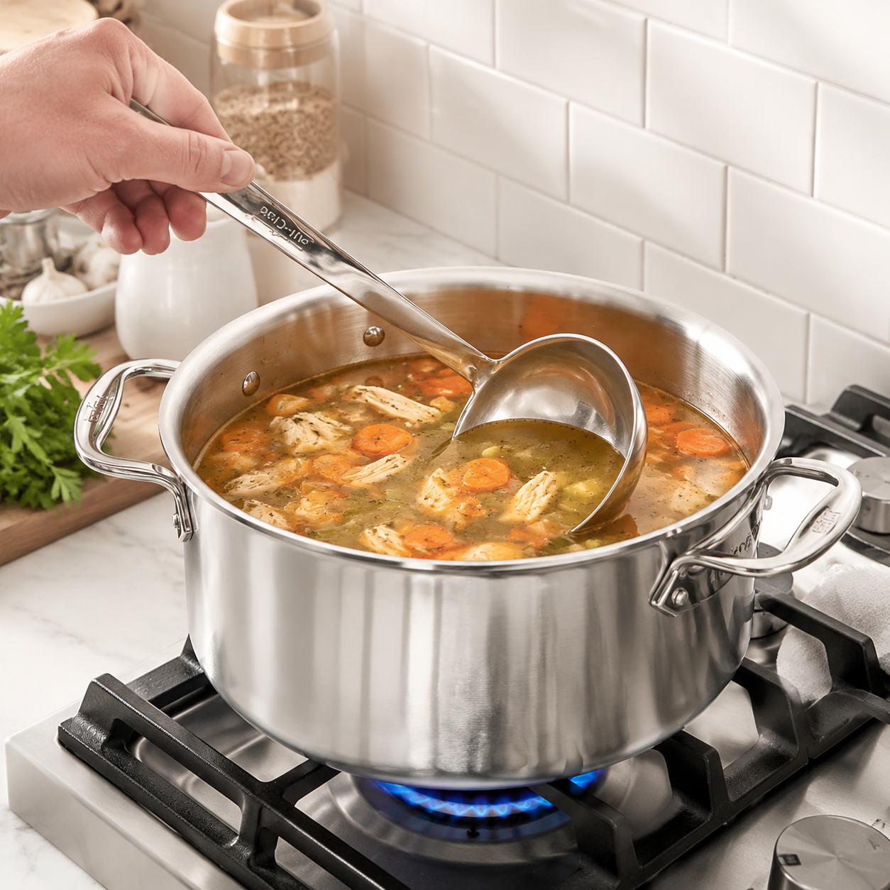 Batterie de cuisine classique en acier inoxydable avec couvercles en verre trempé