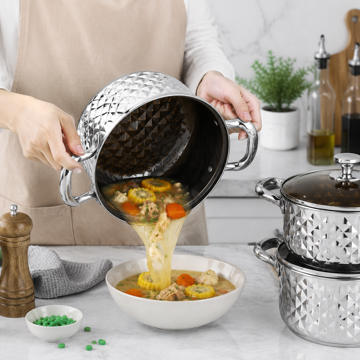 Batterie de cuisine en acier inoxydable motif diamant avec couvercles en verre