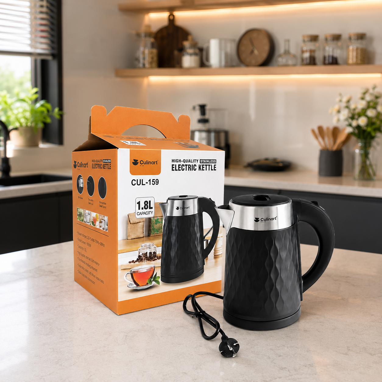 1.8L Textured Stainless Steel Electric Kettle Wholesale  with Modern Black Finish