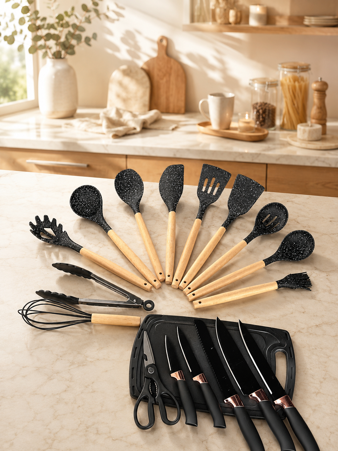 Premium Silicone Kitchen Utensil Set with Wooden Handle