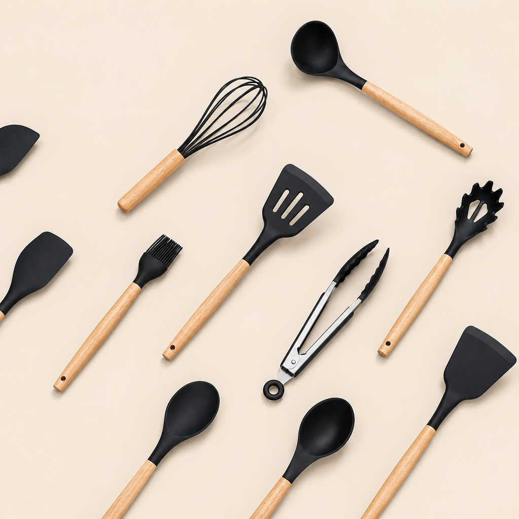 11-Pieces Natural Wood Handle Silicone Cooking Utensil Set For Retail & Wholesale