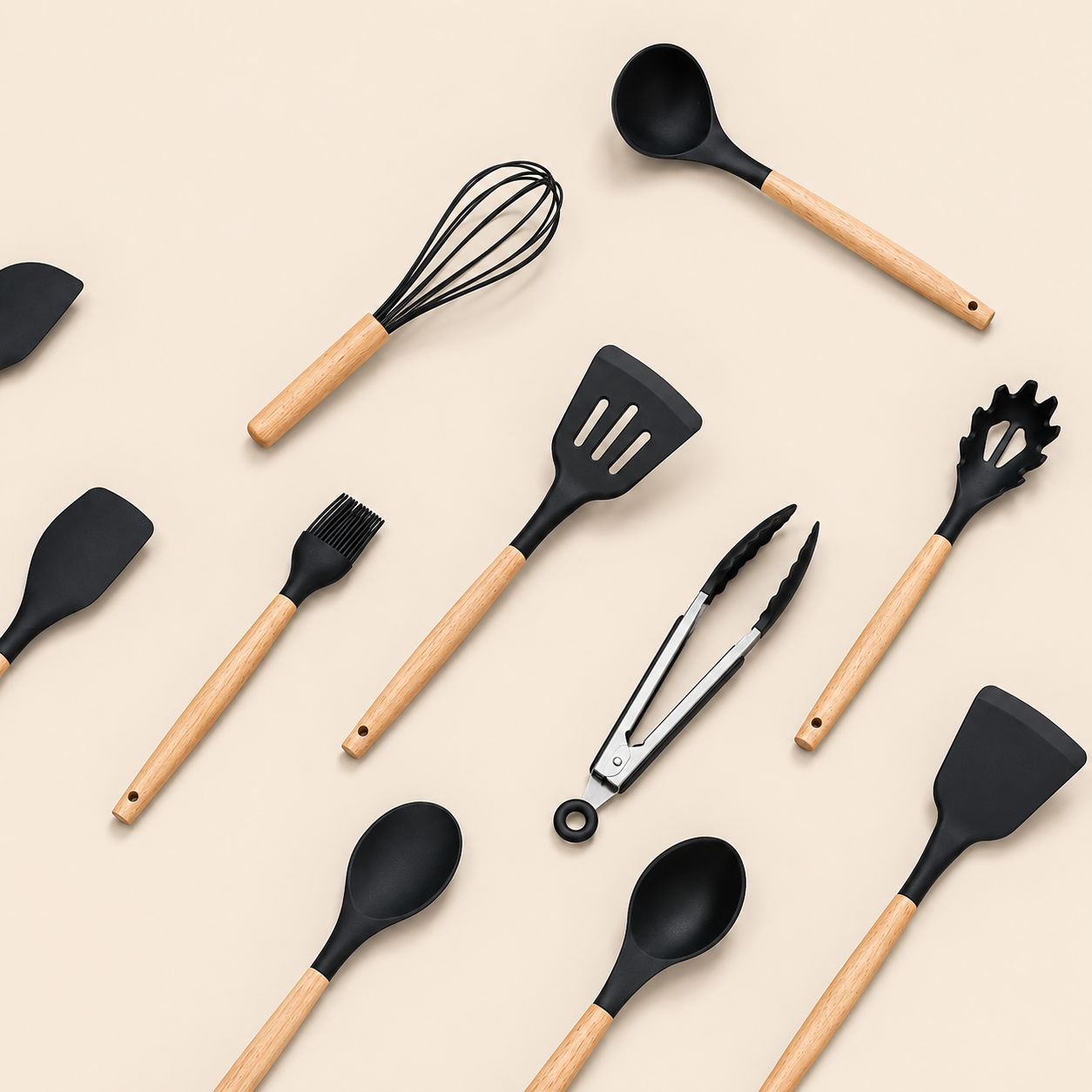 11-Pieces Natural Wood Handle Silicone Cooking Utensil Set For Retail & Wholesale