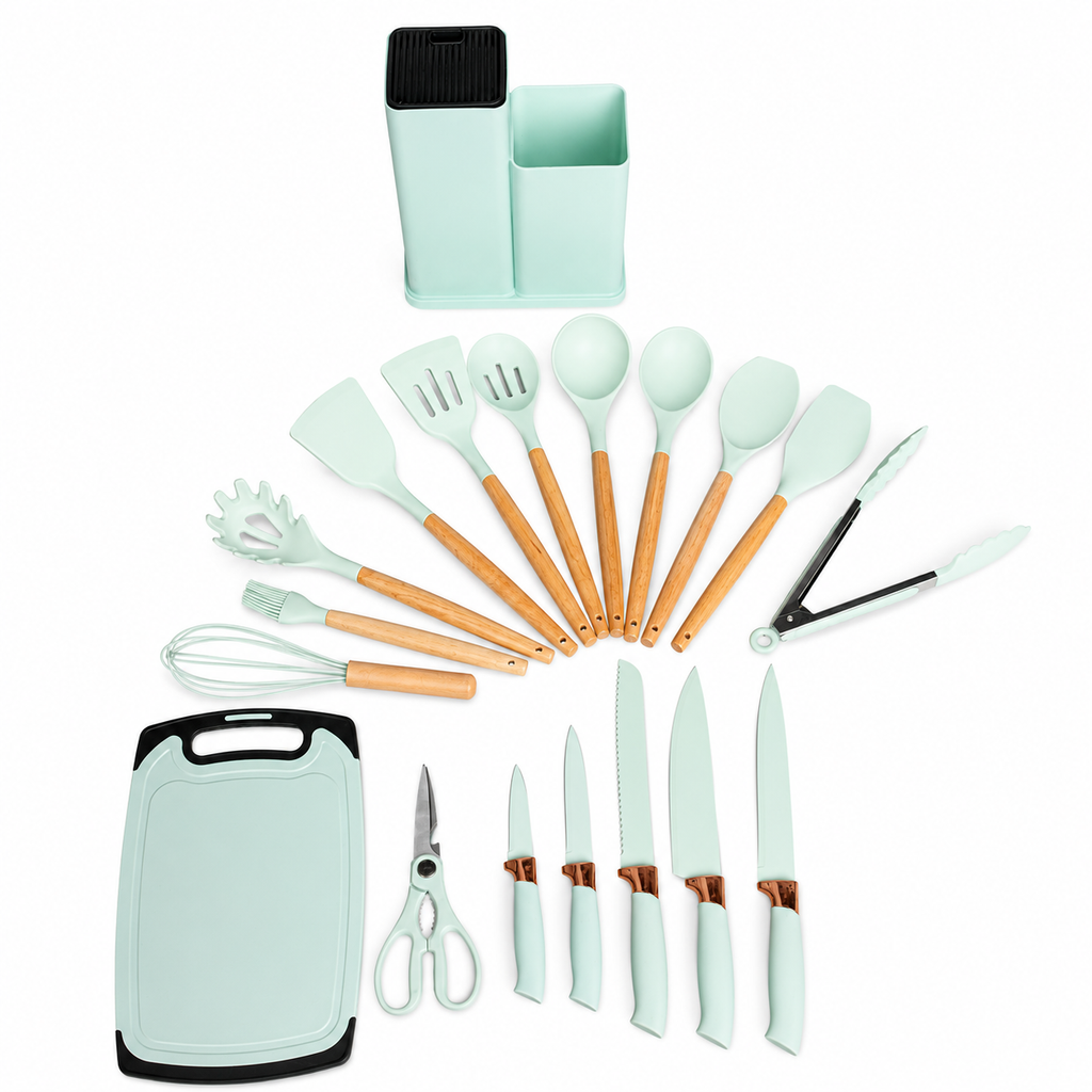 Silicone Kitchen Tool Collection with Wood Handles and Knife Set for Retail Supply