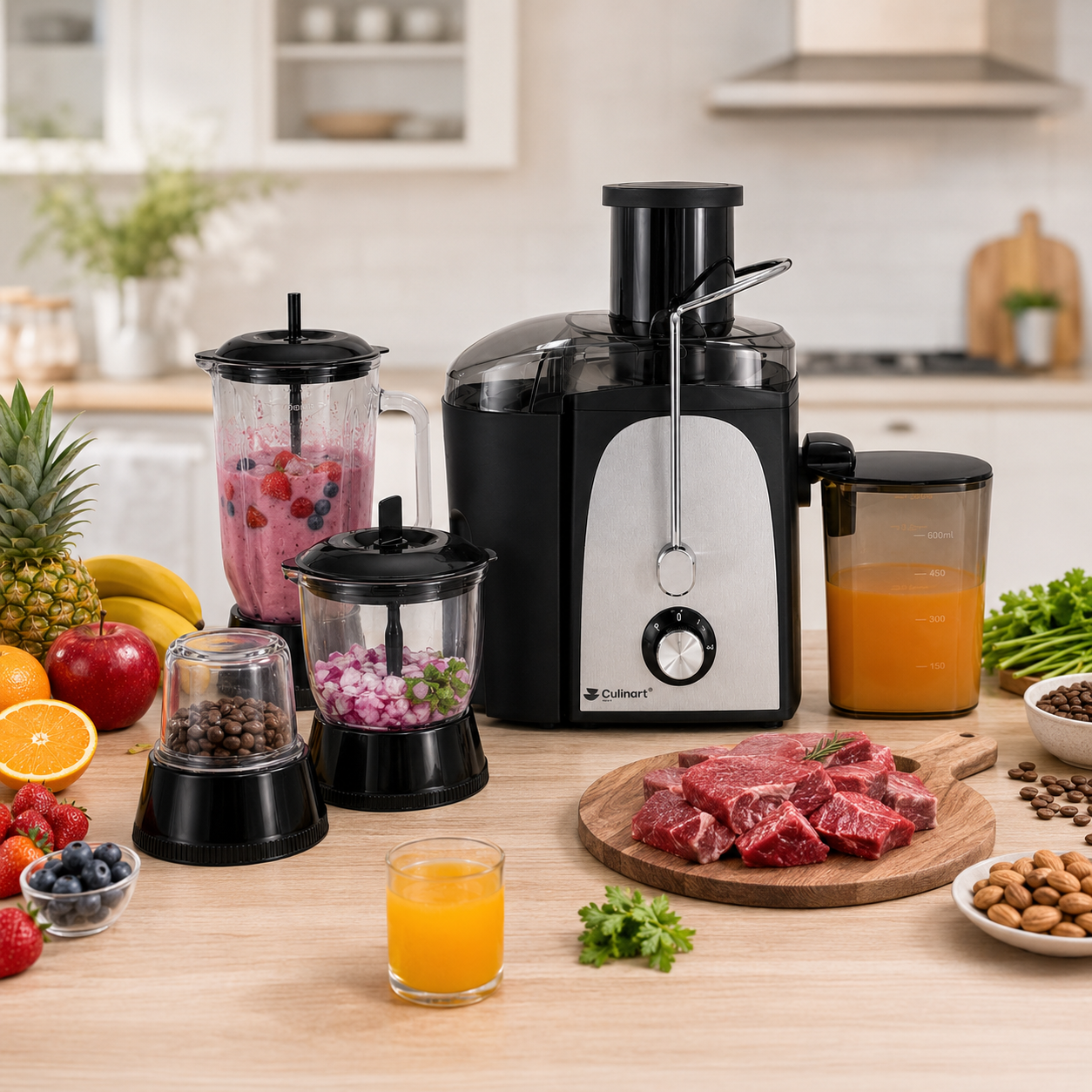 Extracteur de jus multifonction Culinart 4-en-1 avec accessoires mixeur et broyeur