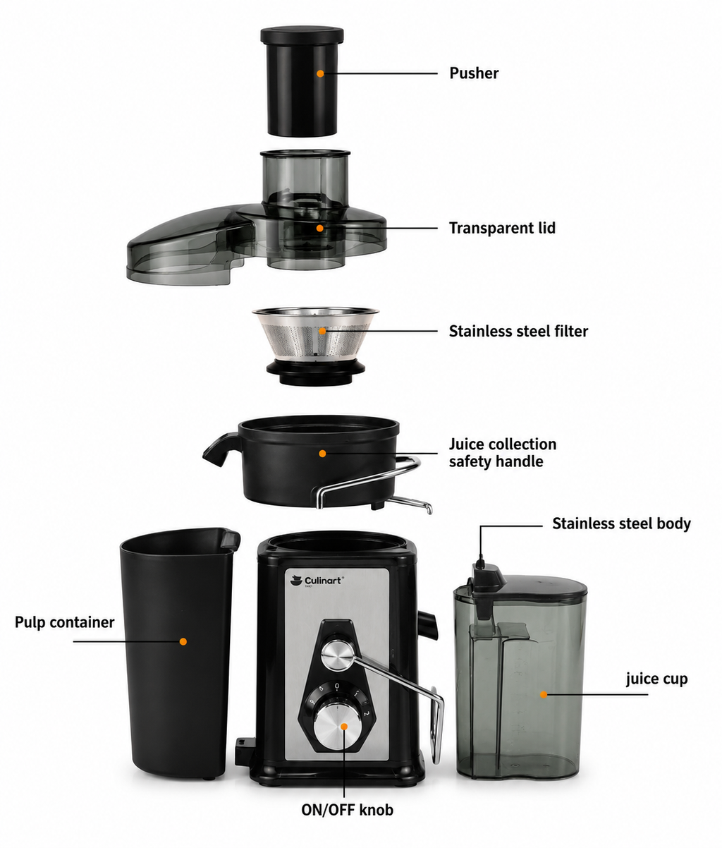 Extractor de zumo de alta potencia Culinart 850W para zumos de fruta y verdura fresca