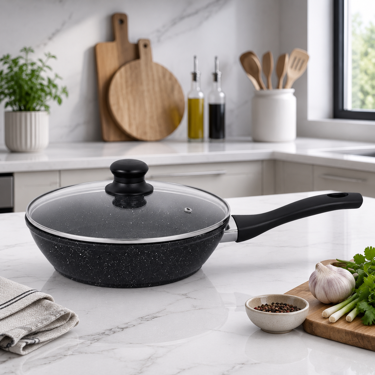 Granite Non-Stick Frying Pan with Glass Lid