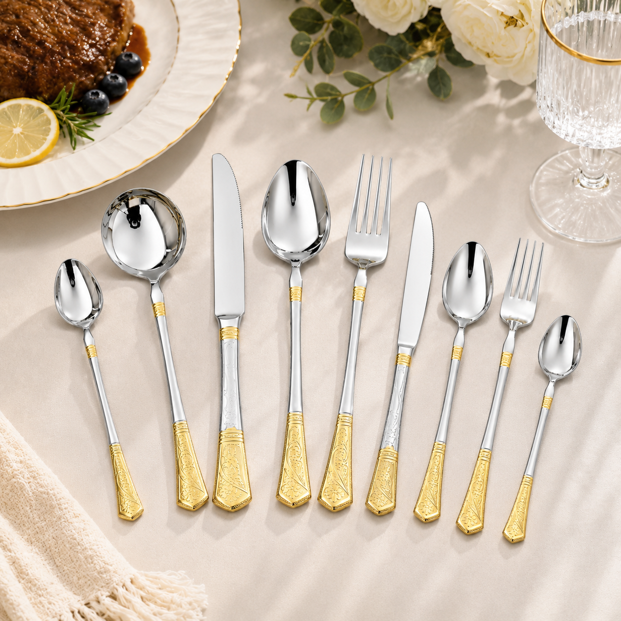 9-Piece Stainless Steel Cutlery Set with Gold Engraved Handle Elegant Flatware
