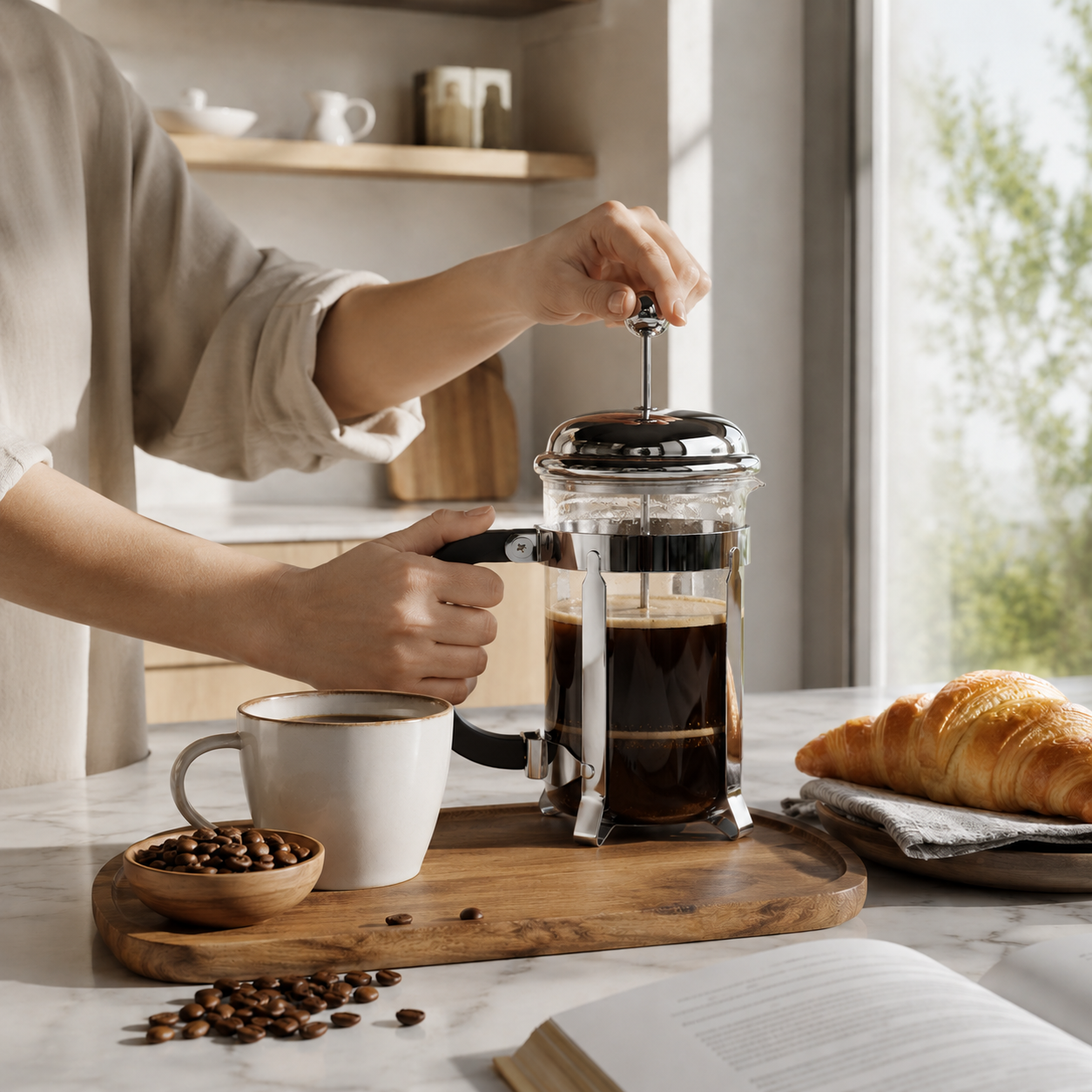 Stainless Steel Frame Glass French Press Coffee Maker with Fine Mesh Filter