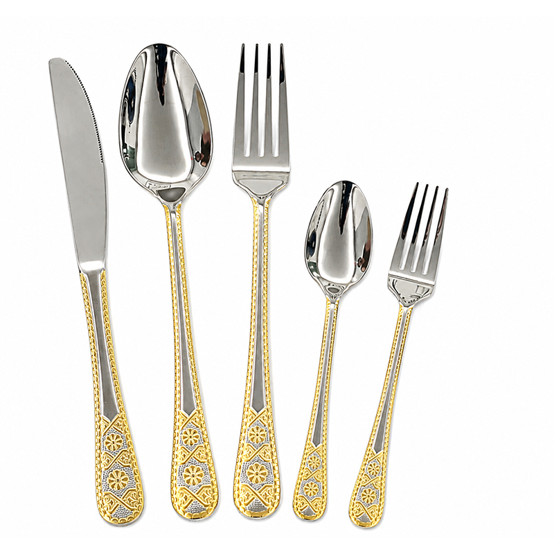 5-pieces Luxury Gold Embossed Handle Stainless Steel Cutlery Set