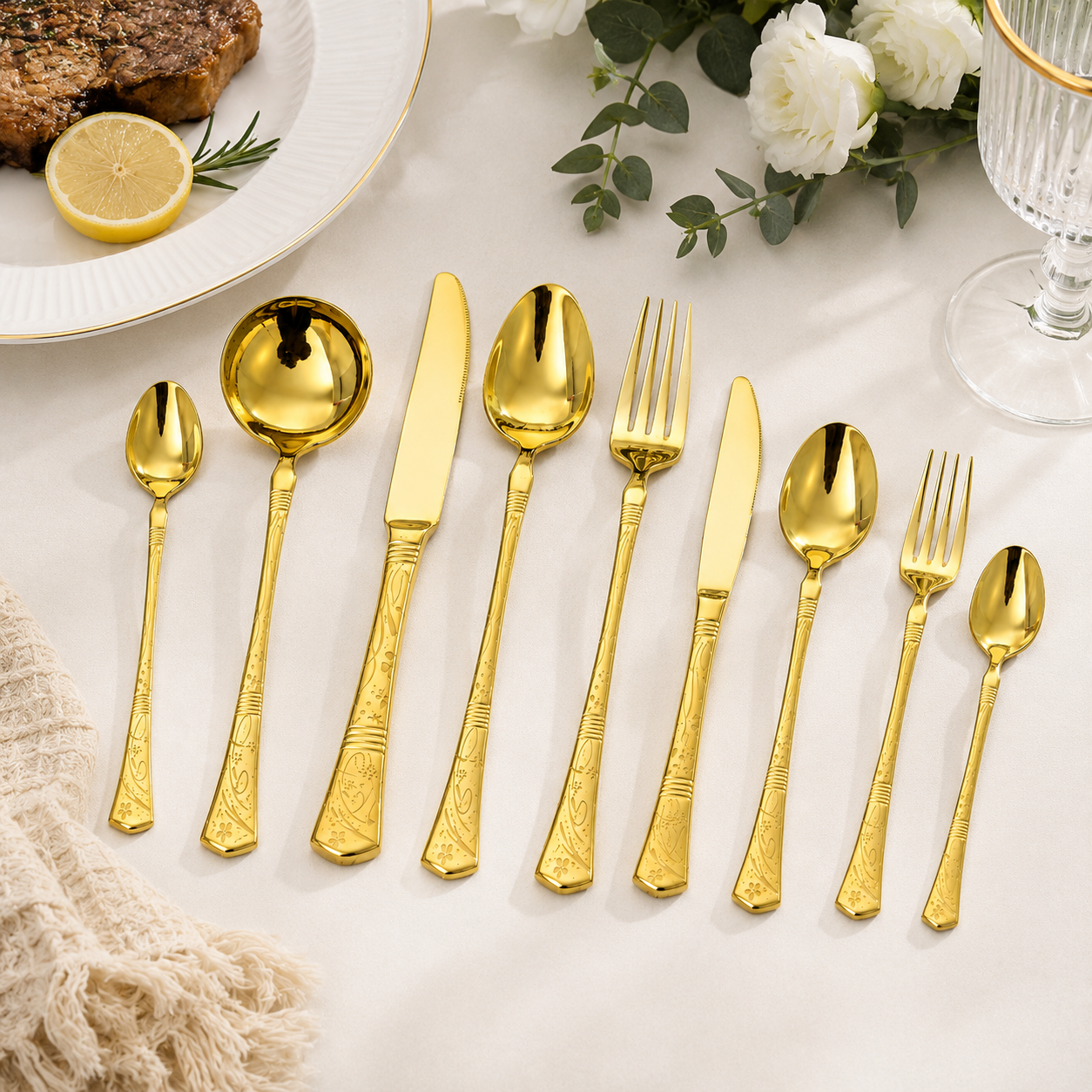 9-Piece Gold Stainless Steel Cutlery Set Luxury Vintage Flatware Collection