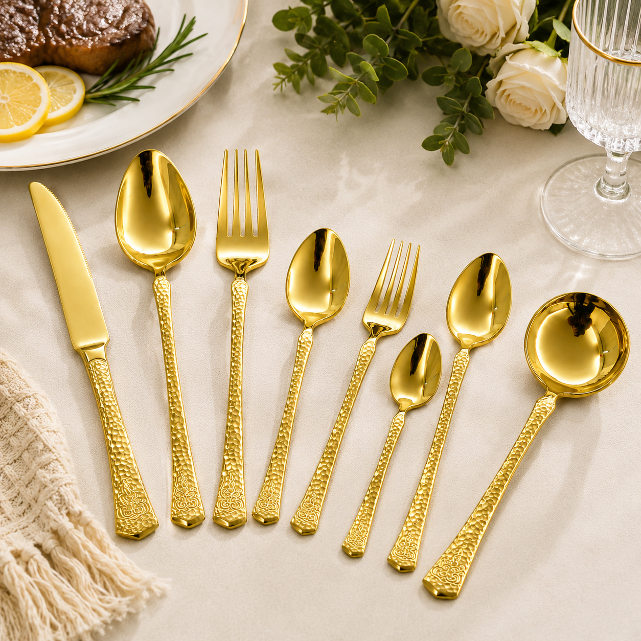 8-Piece Stainless Steel Cutlery Set with Gold Accent Hammered Handle Premium Flatware