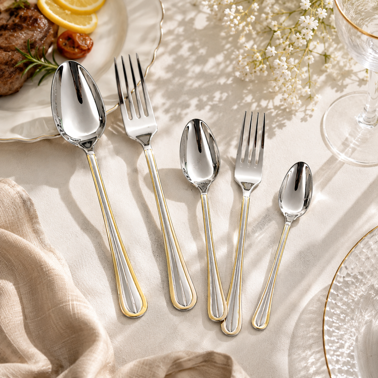 5-Pieces Elegant Gold Trim Stainless Steel Cutlery Set