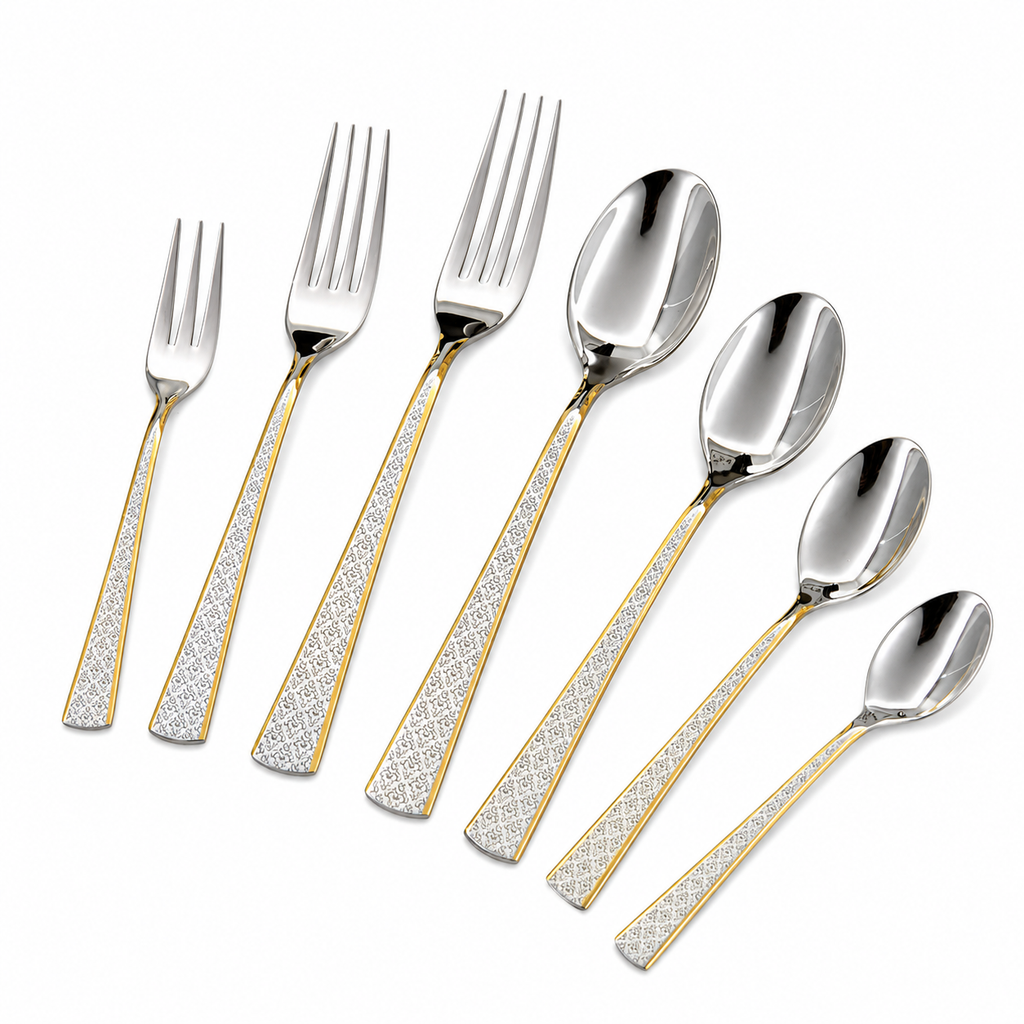 7-Pieces Elegant Gold Trim Stainless Steel Cutlery Set with Patterned Handle Design