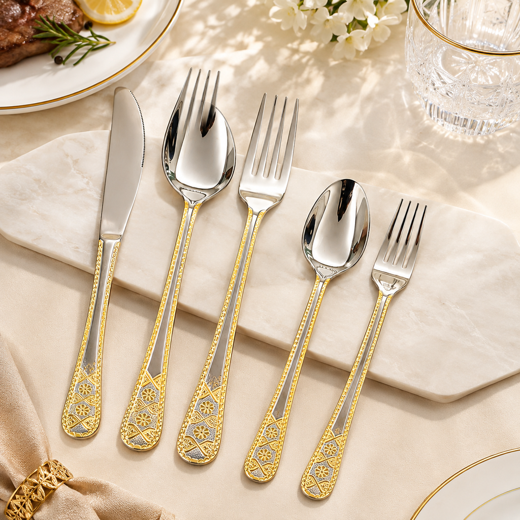 5-pieces Luxury Gold Embossed Handle Stainless Steel Cutlery Set