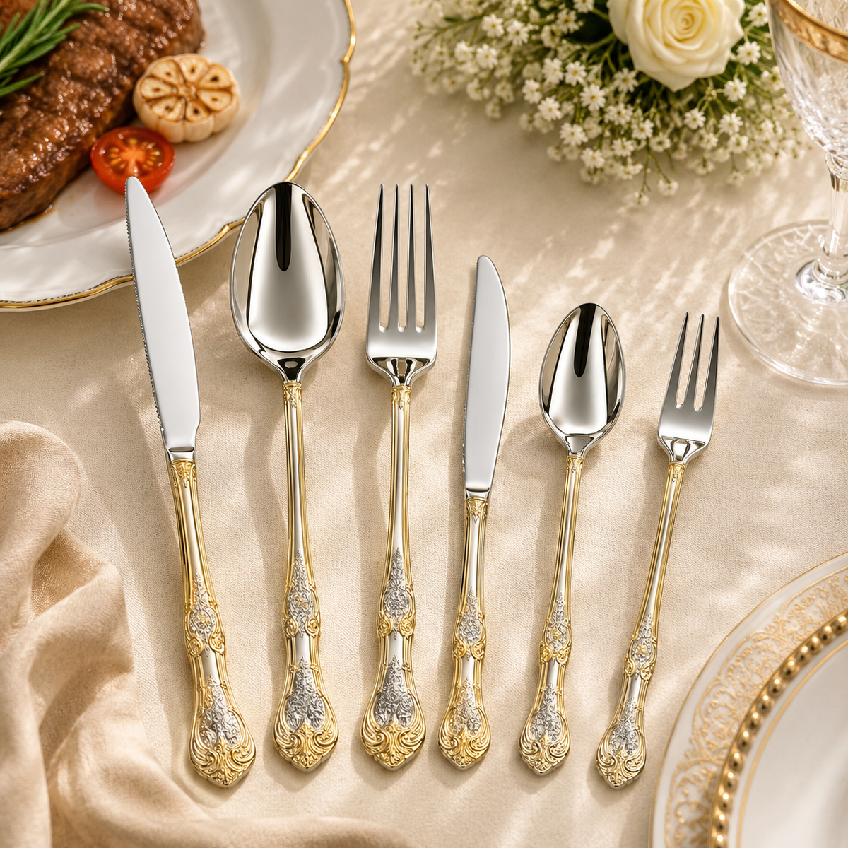 6-pieces Luxury Gold Trim Stainless Steel Cutlery Set