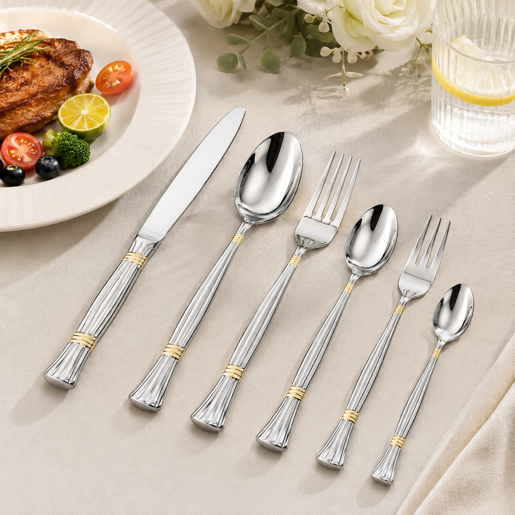 6-Piece Stainless Steel Cutlery Set with Gold Accent Premium Flatware
