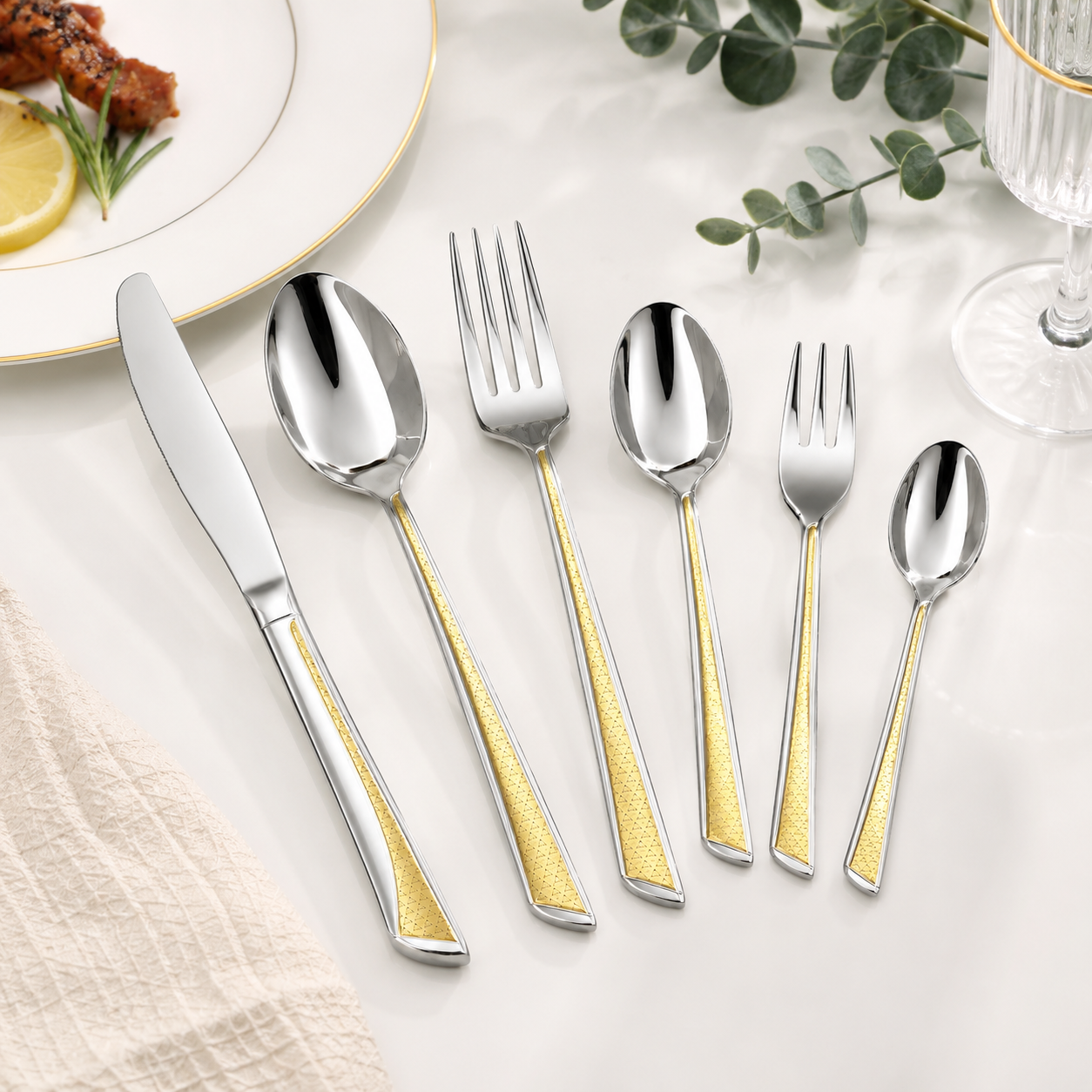 6-Piece Stainless Steel Cutlery Set with Gold Pattern Handle Premium Flatware