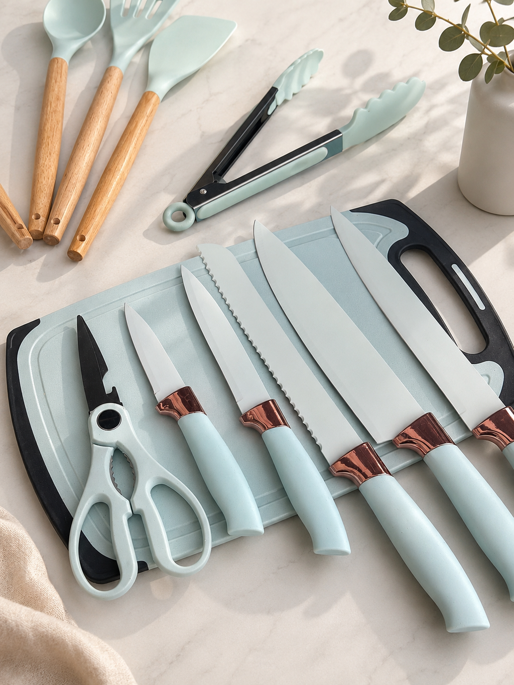 Silicone Kitchen Tool Collection with Wood Handles and Knife Set for Retail Supply
