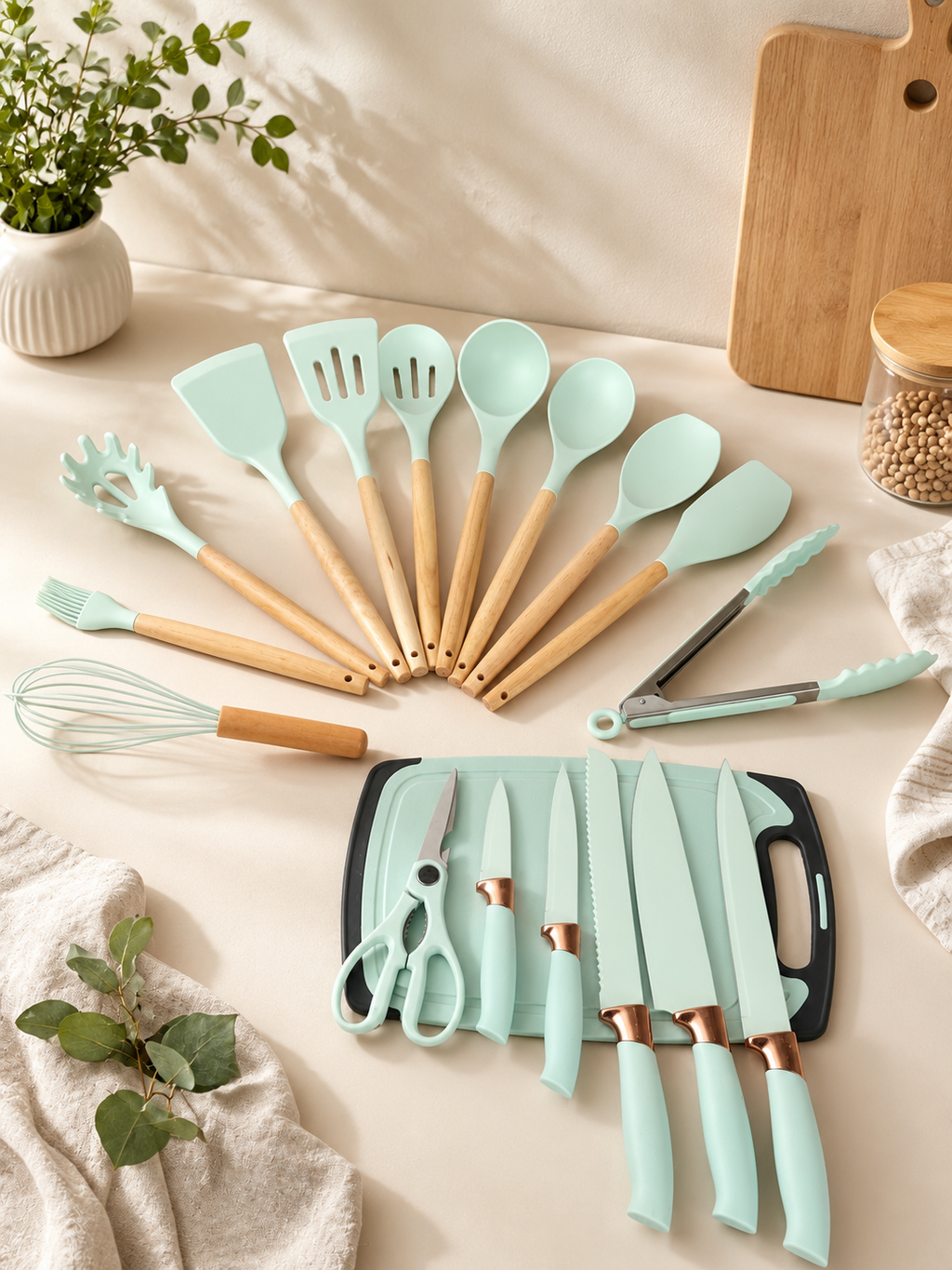 Silicone Kitchen Tool Collection with Wood Handles and Knife Set for Retail Supply