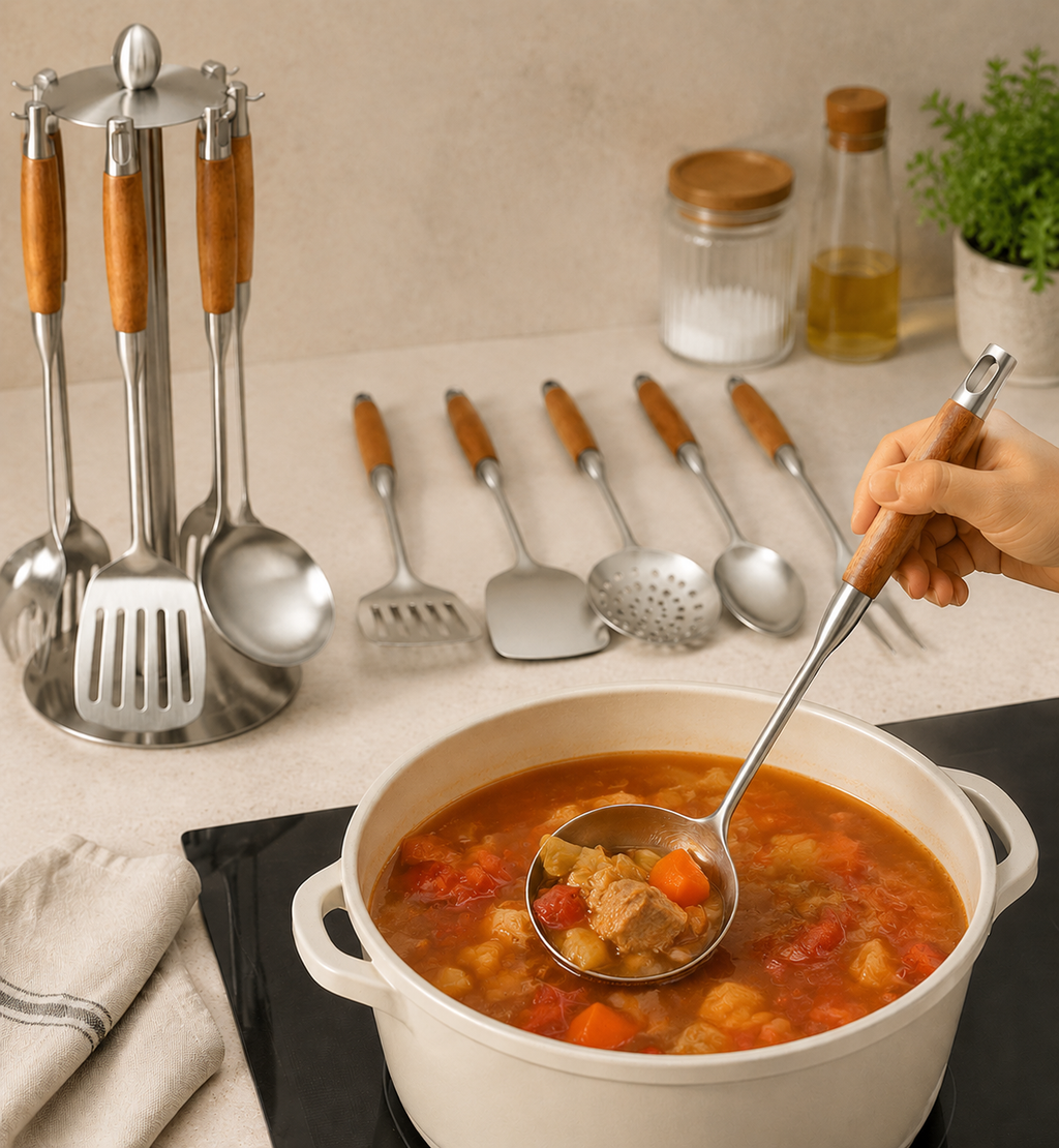 Stainless Steel Cooking Utensil Collection with Wooden Handle