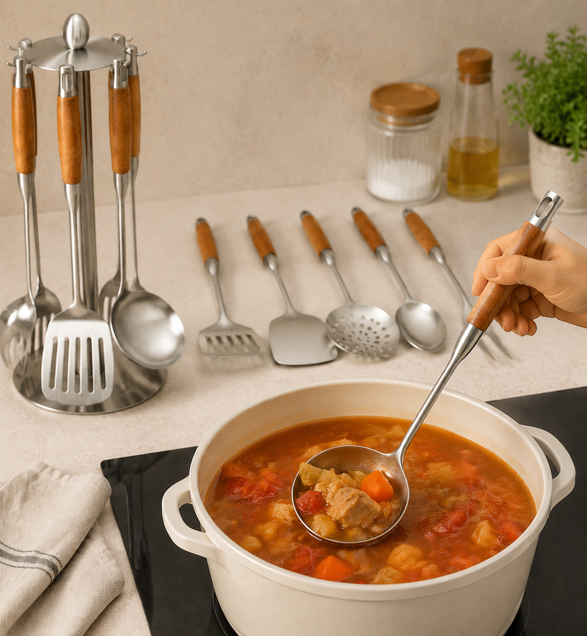 Stainless Steel Cooking Utensil Collection with Wooden Handle