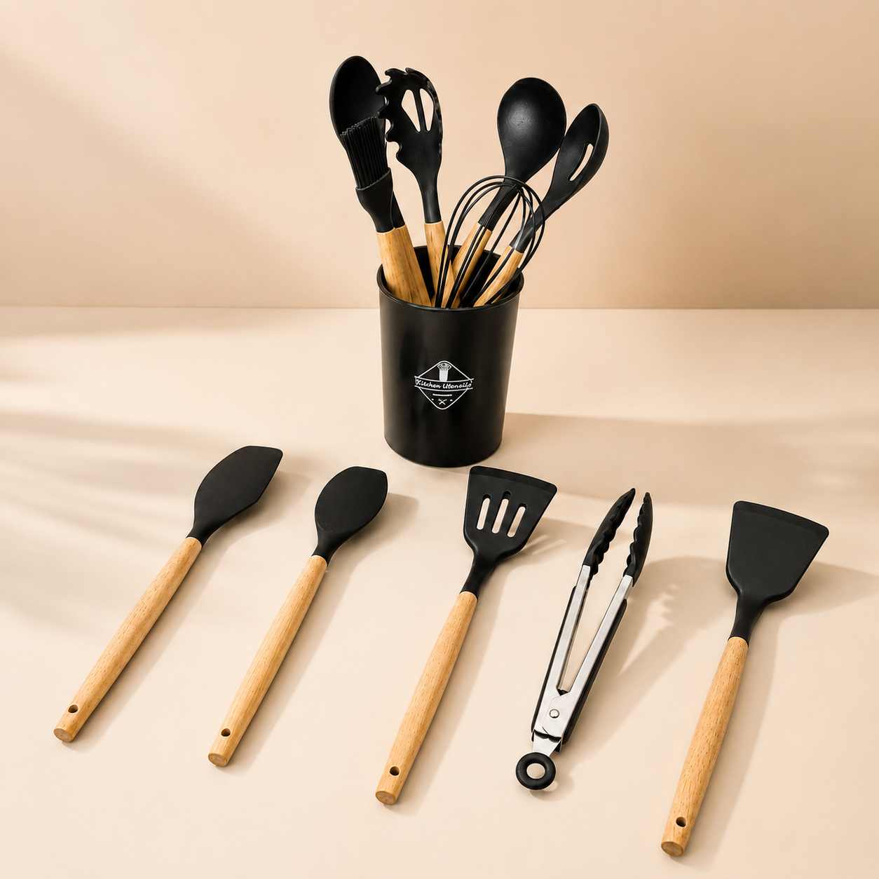 11-Pieces Natural Wood Handle Silicone Cooking Utensil Set For Retail & Wholesale