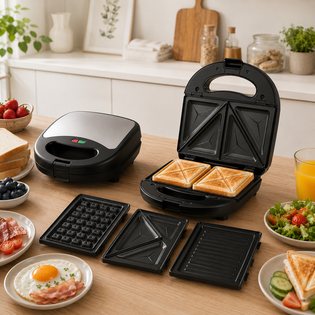 3-in-1 Breakfast Sandwich Maker with Grill & Waffle Plates