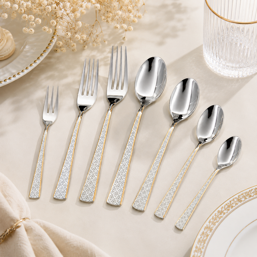 7-Pieces Elegant Gold Trim Stainless Steel Cutlery Set with Patterned Handle Design