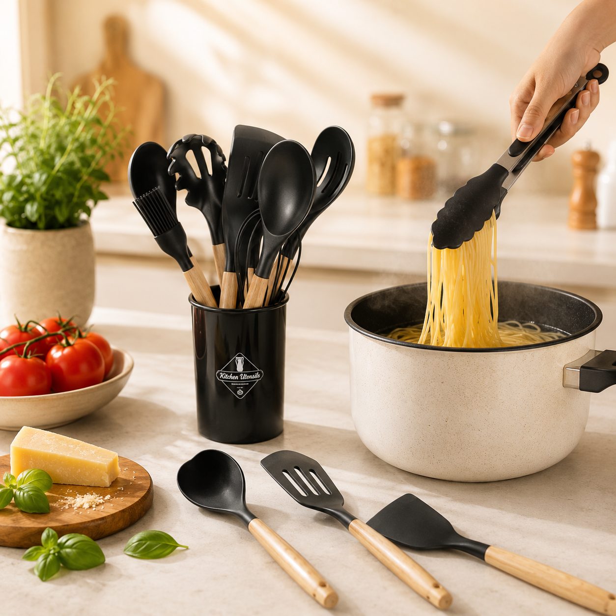 11-Pieces Natural Wood Handle Silicone Cooking Utensil Set For Retail & Wholesale