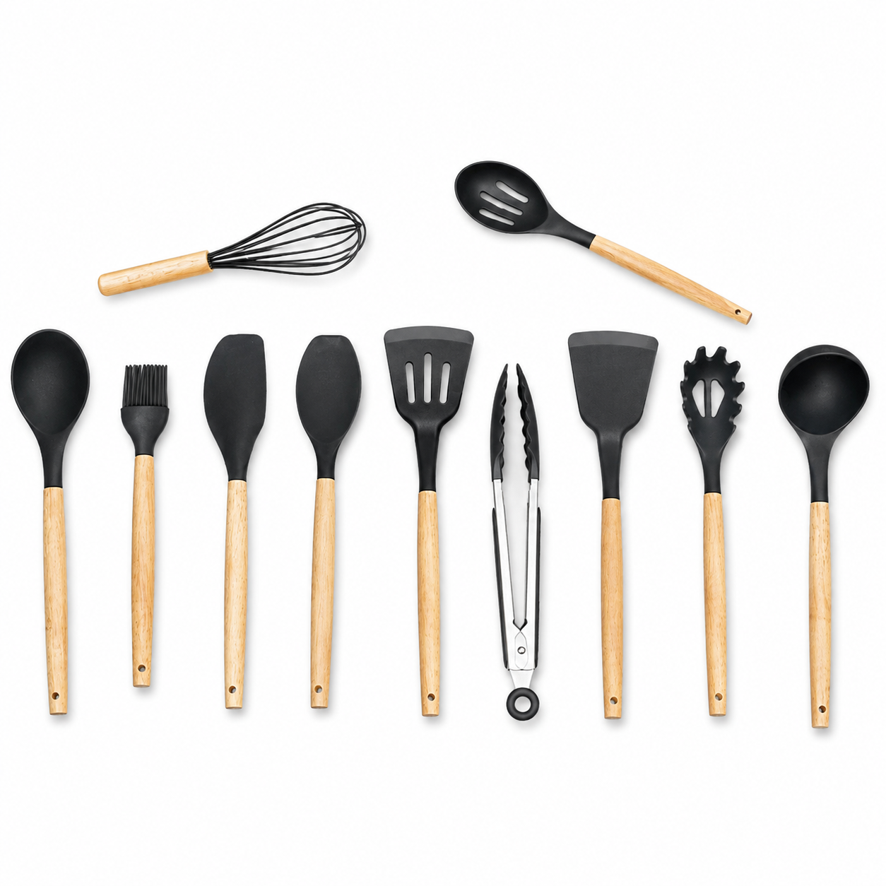 11-Pieces Natural Wood Handle Silicone Cooking Utensil Set For Retail & Wholesale