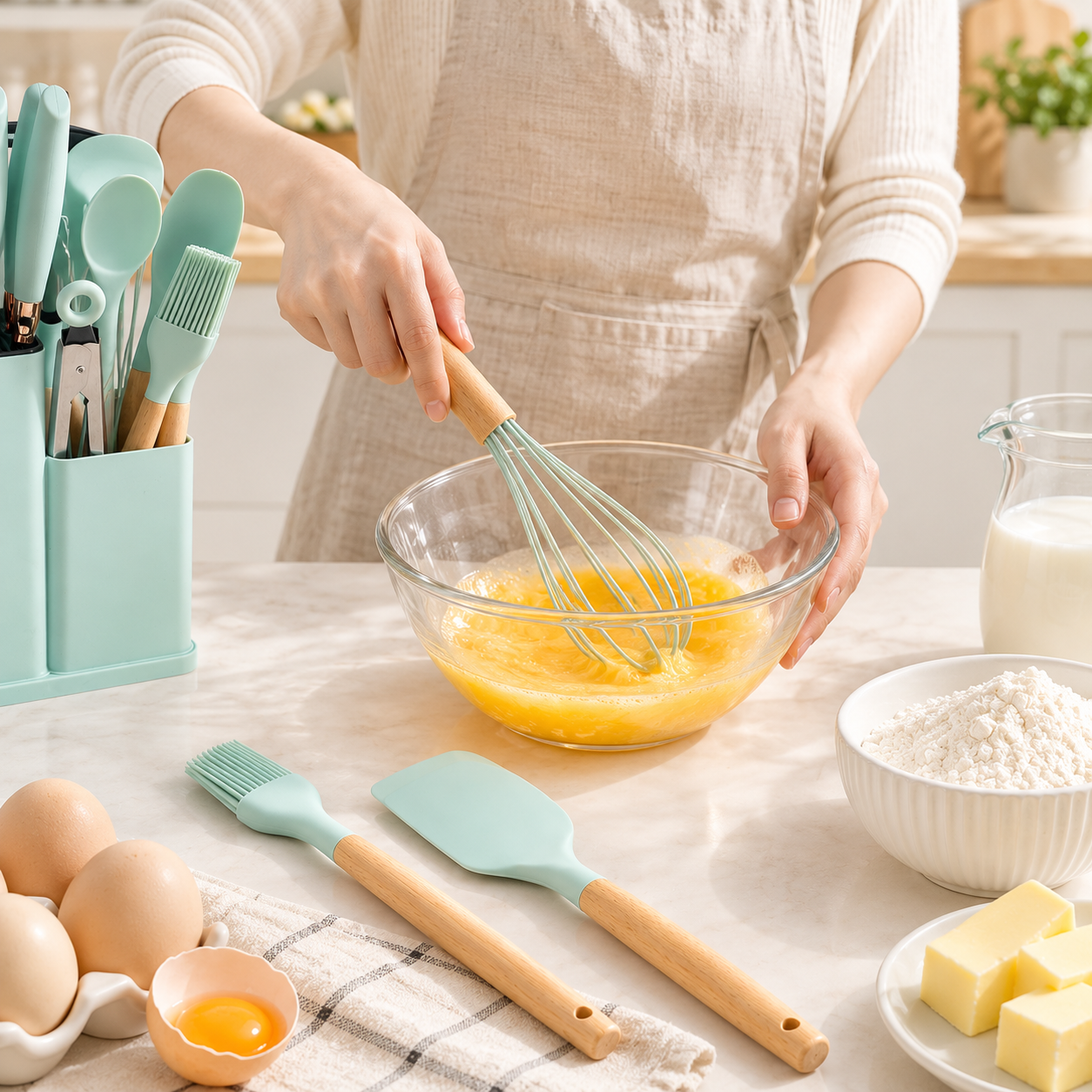 Silicone Kitchen Tool Collection with Wood Handles and Knife Set for Retail Supply
